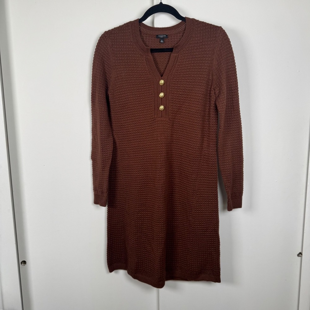 Talbots Petite Waffle Knit Sweater Dress Brown Gold Crest Button Small P